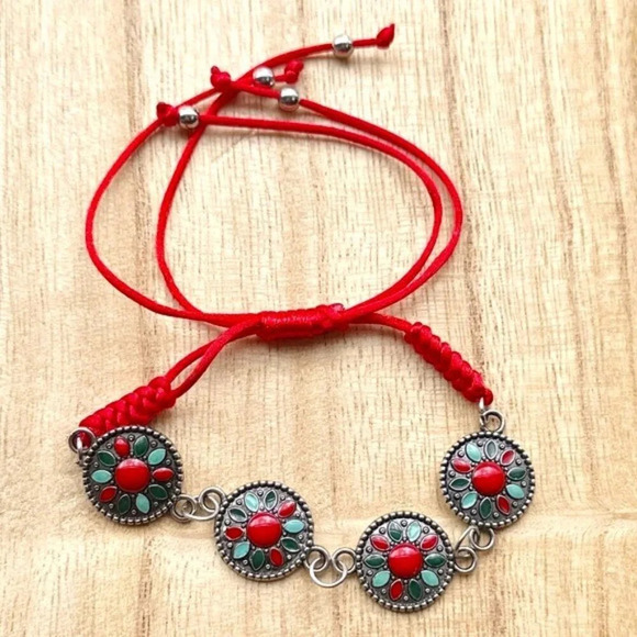 Bali silver coral jade and turquoise mandala red cord adjustable bracelet - Picture 2 of 4